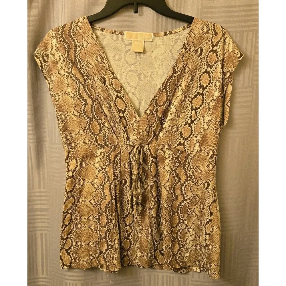 Michael Kors Women Snakeskin Print Short Sleeve VNeck Blouse Multicolor Size P/M